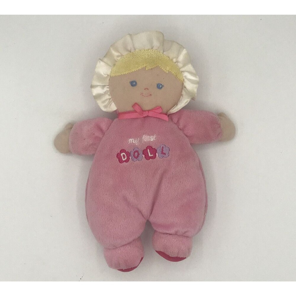My First Doll Rattle Pink Body Blonde Hair Blue Eyes 9" Lovey Plush Prestige